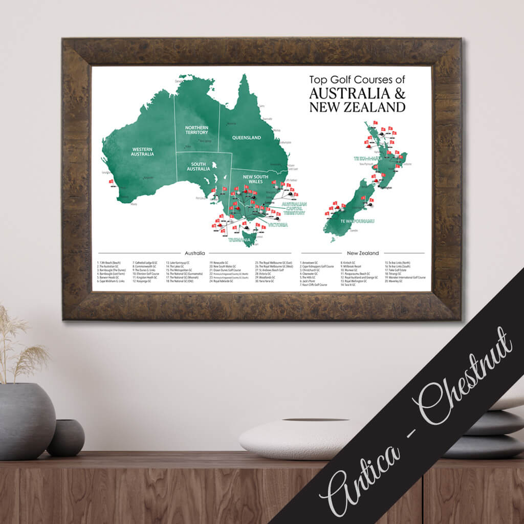 Top Golf Courses of Australia and New Zealand Canvas Push Pin Map in Premium Antica Chestnut Frame