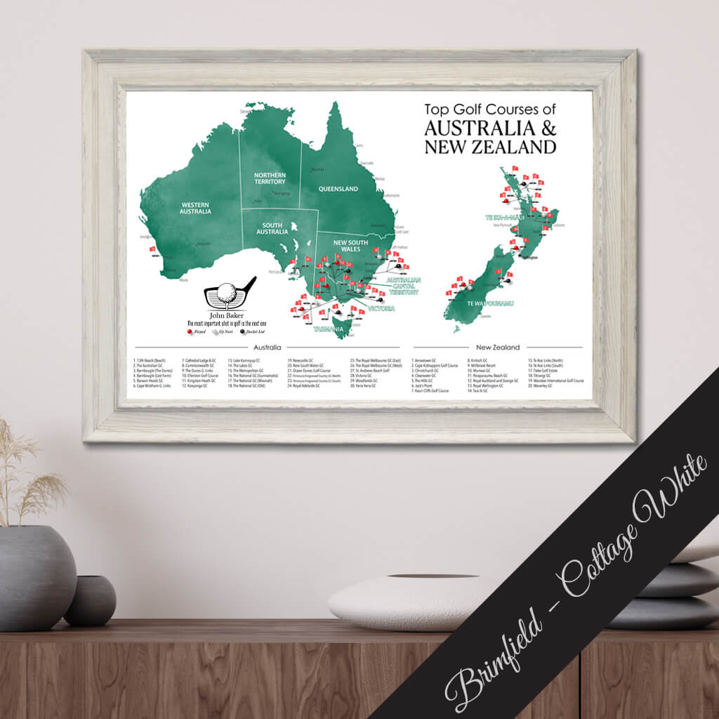 Top Golf Courses of Australia and New Zealand Canvas Push Pin Map in Premium Brimfield White Frame