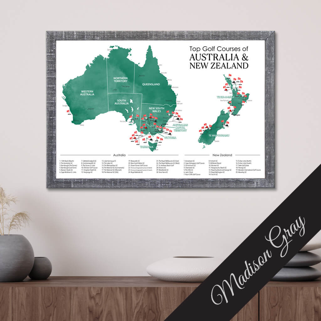 Top Golf Courses of Australia and New Zealand Canvas Push Pin Map in Premium Madison Gray Frame