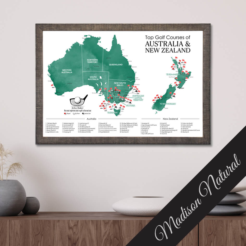 Top Golf Courses of Australia and New Zealand Canvas Push Pin Map in Premium Madison Natural Brown Frame