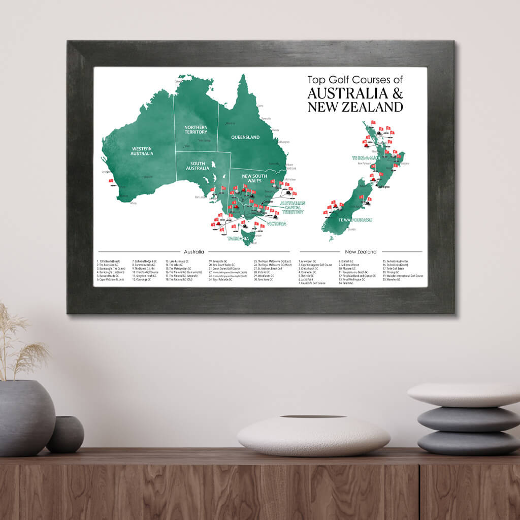 Golf Course Map of New Zealand and Australia in Rustic Black Frame