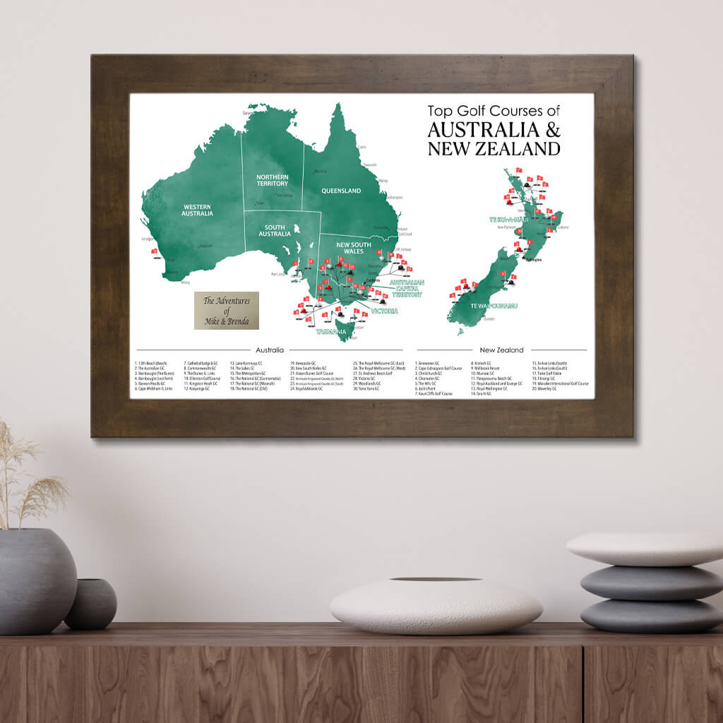 Top Golf Courses Map of New Zealand and Australia Travel Map in Rustic Brown Frame