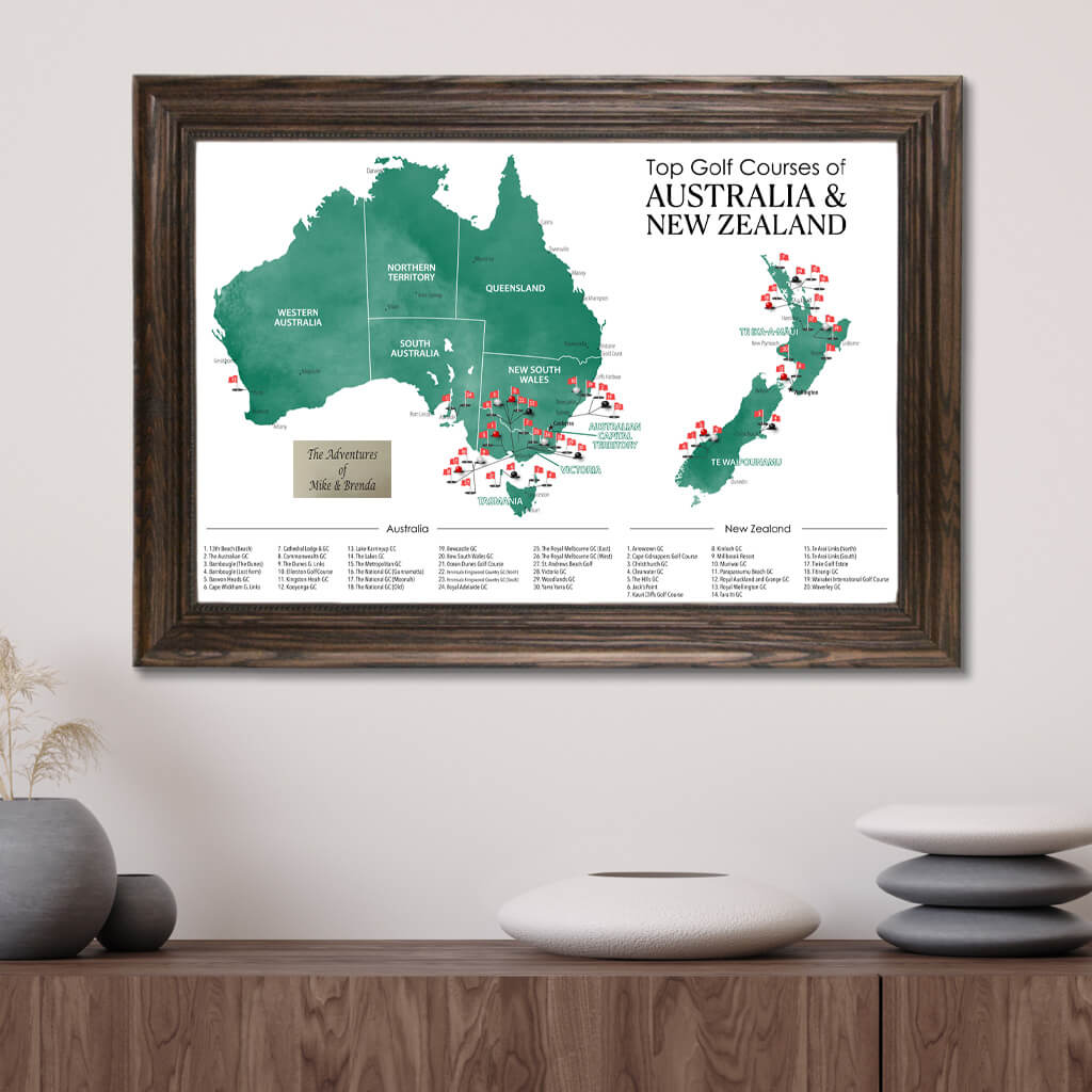 Top Golf Courses Map of New Zealand and Australia Travel Map in Solid Wood Brown Frame