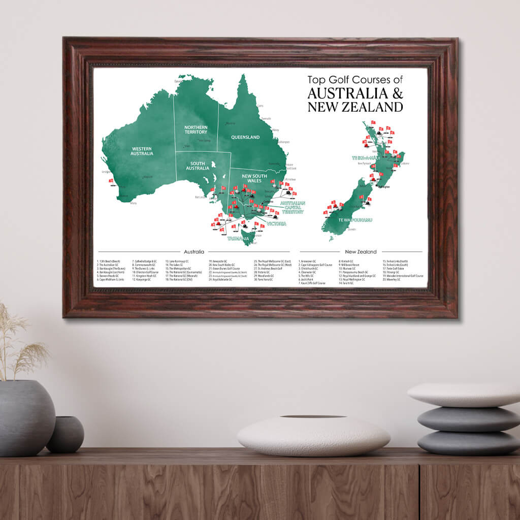 Top Golf Courses Map of Australia and New Zealand Travel Map in Solid Wood Cherry Frame