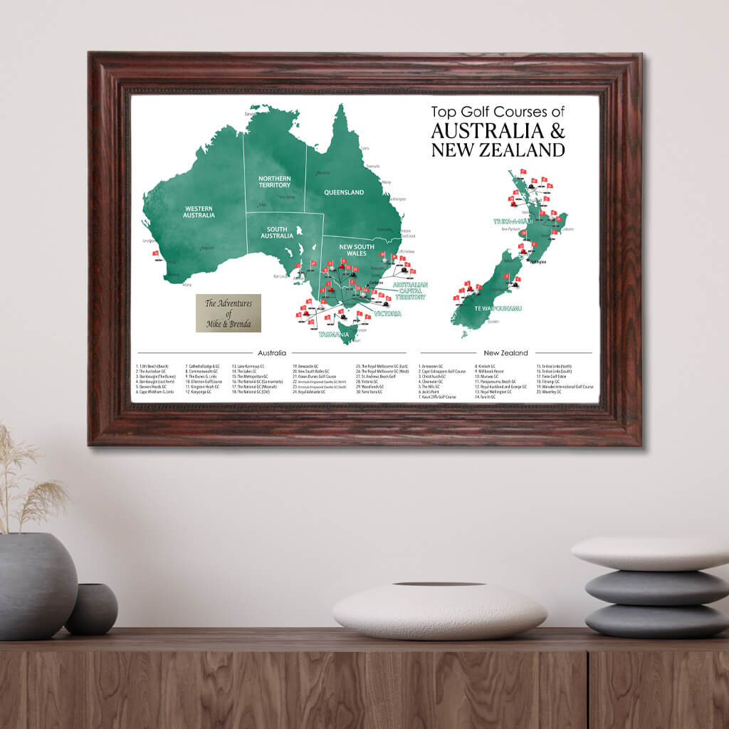 Australia&#39;s and New Zealand&#39;s Top Golf Courses Map - Framed With Pins