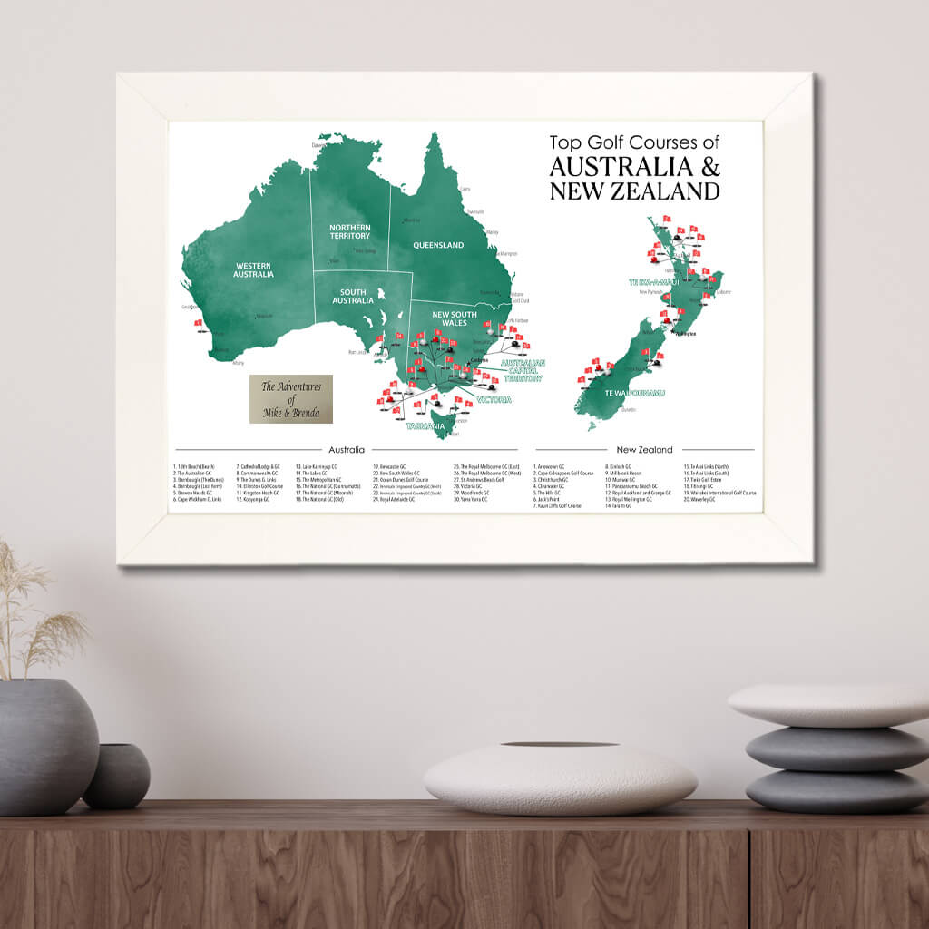 Top Golf Courses Map of New Zealand and Australia Travel Map in Textured White Frame