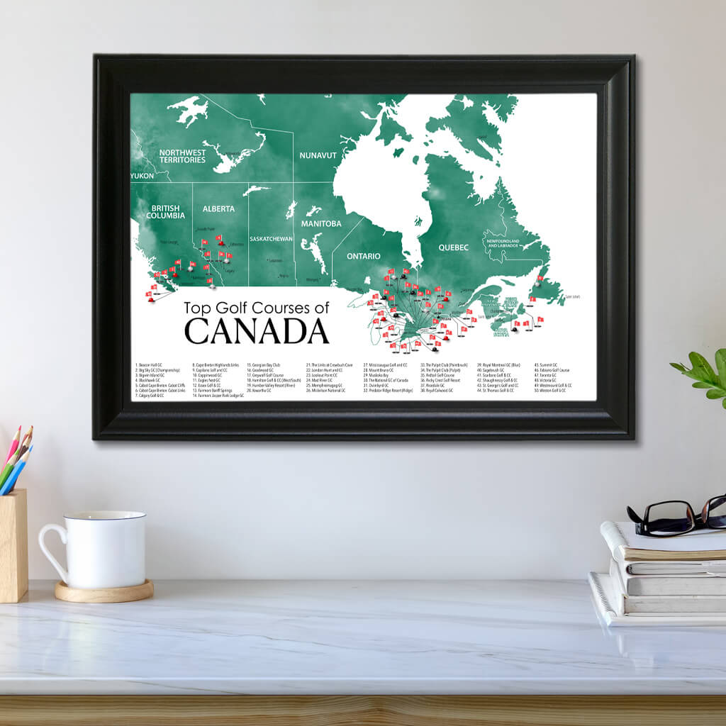 Top Golf Courses of Canada Push Pin Wall Map in Black Frame