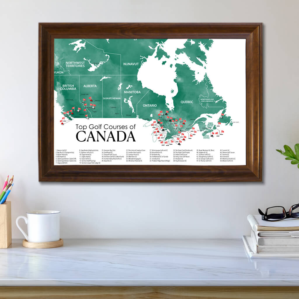Top 50 Golf Courses in Canada Travel Map in Brown Frame
