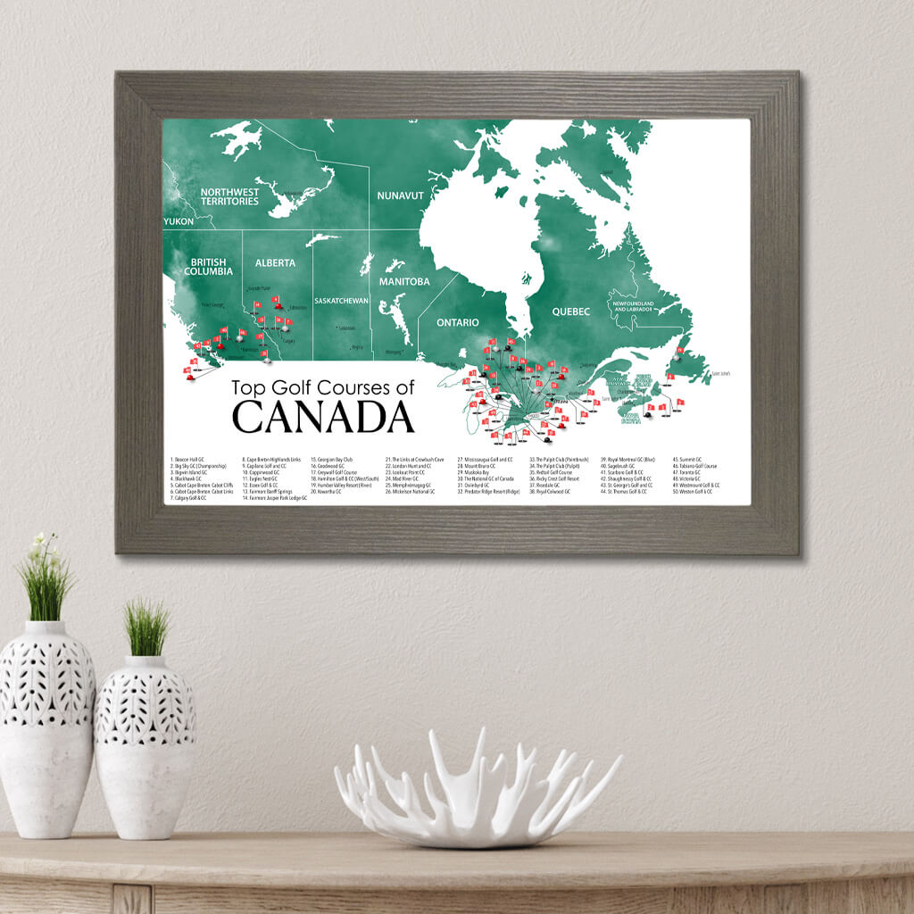 Top Golf Courses of Canada Canvas Push Pin Map in Barnwood Gray Frame