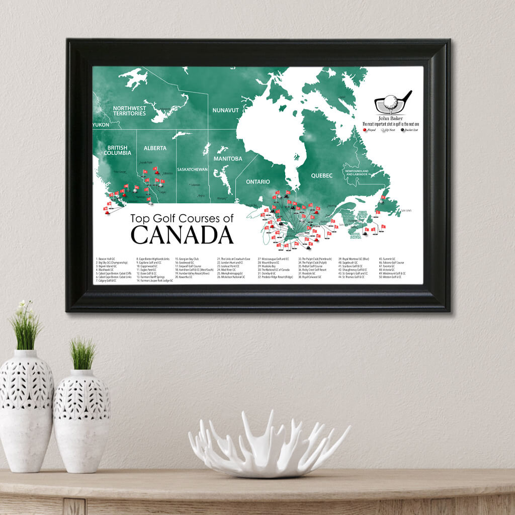 Top Golf Courses of Canada Canvas Push Pin Map in Black Frame