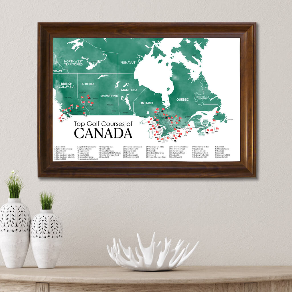 Top Golf Courses of Canada Canvas Push Pin Map in Brown Frame