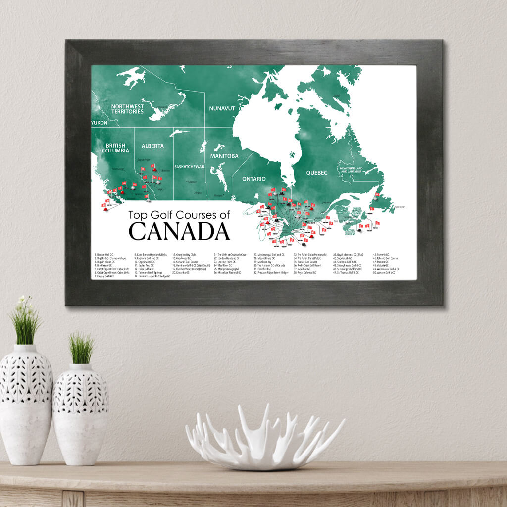 Top Golf Courses of Canada Canvas Push Pin Map in Rustic Black Frame
