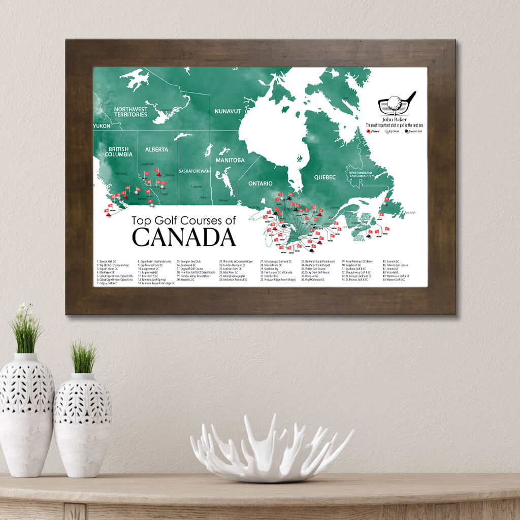 Top Golf Courses of Canada Canvas Push Pin Map in Rustic Brown Frame