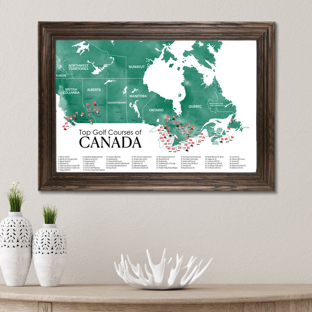 Top Golf Courses of Canada Canvas Push Pin Map in Solid Wood Brown Frame