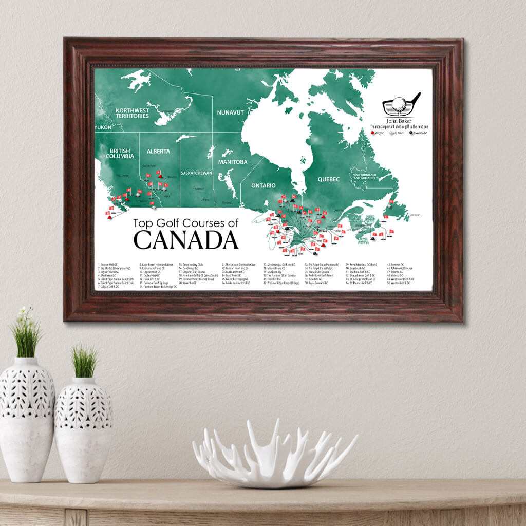 Top Golf Courses of Canada Canvas Push Pin Map in Solid Wood Cherry Frame