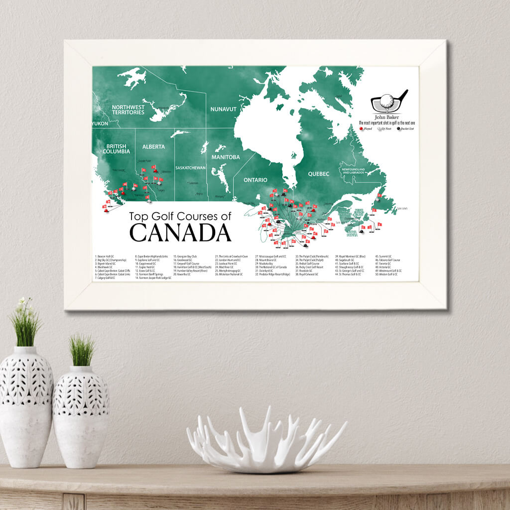 Top Golf Courses of Canada Canvas Push Pin Map in Textured White Frame