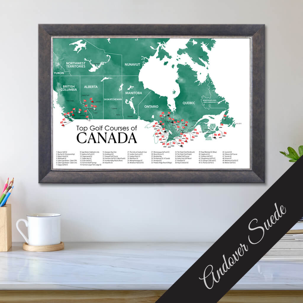Top Golf Courses of Canada Canvas Push Pin Map in Premium Andover Suede Frame