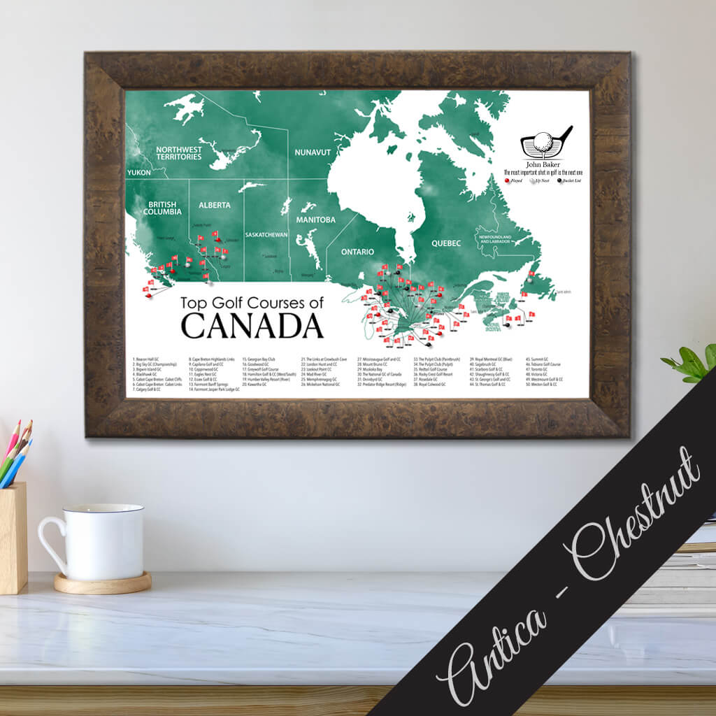 Top Golf Courses of Canada Canvas Push Pin Map in Premium Antica Chestnut Frame