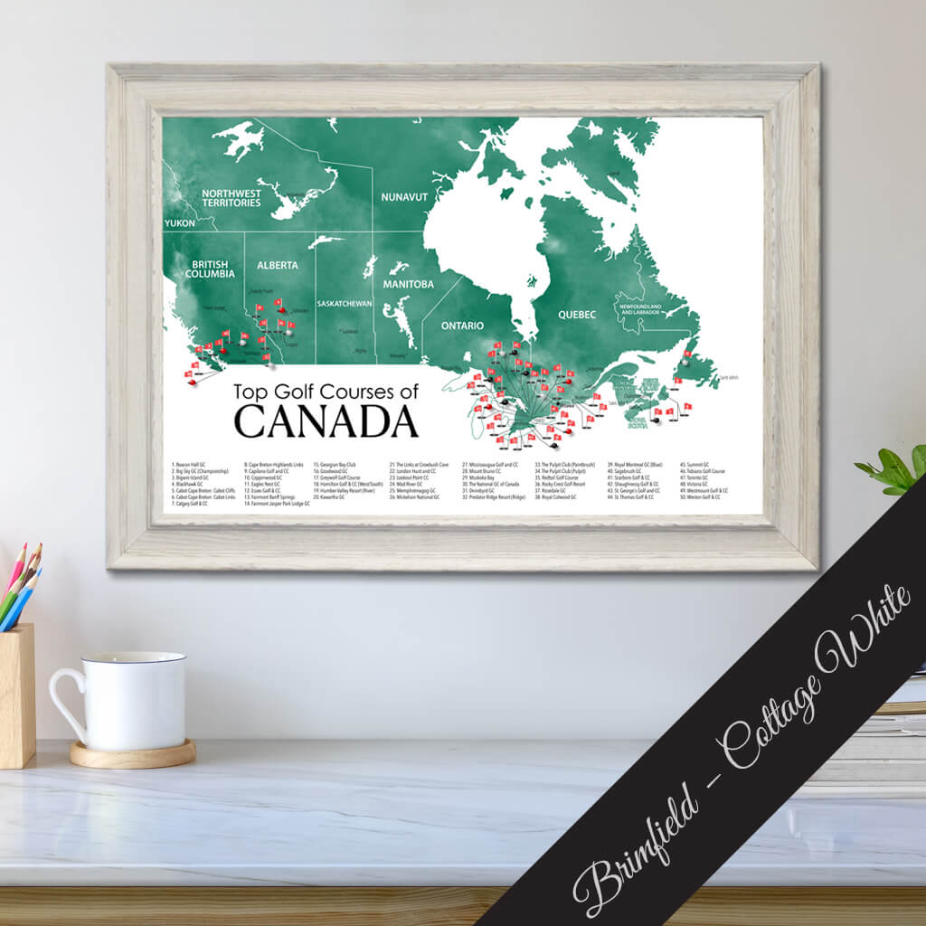 Top Golf Courses of Canada Canvas Push Pin Map in Premium Brimfield White Frame