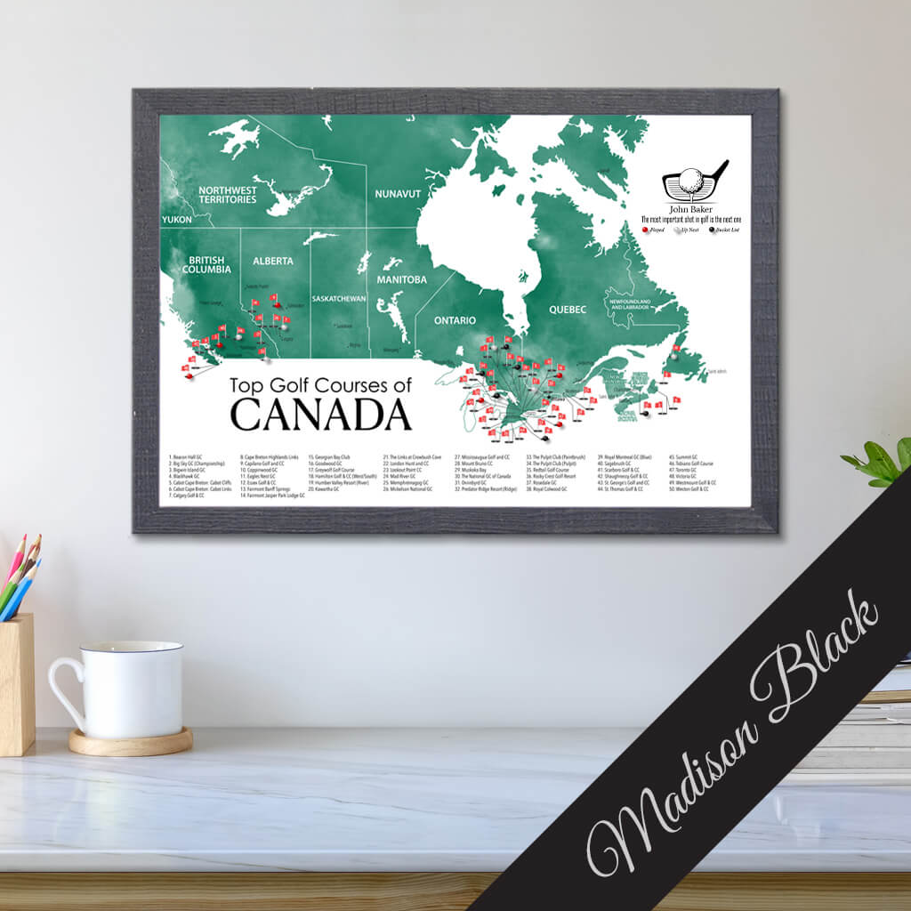 Top Golf Courses of Canada Canvas Push Pin Map in Premium Madison Black Frame