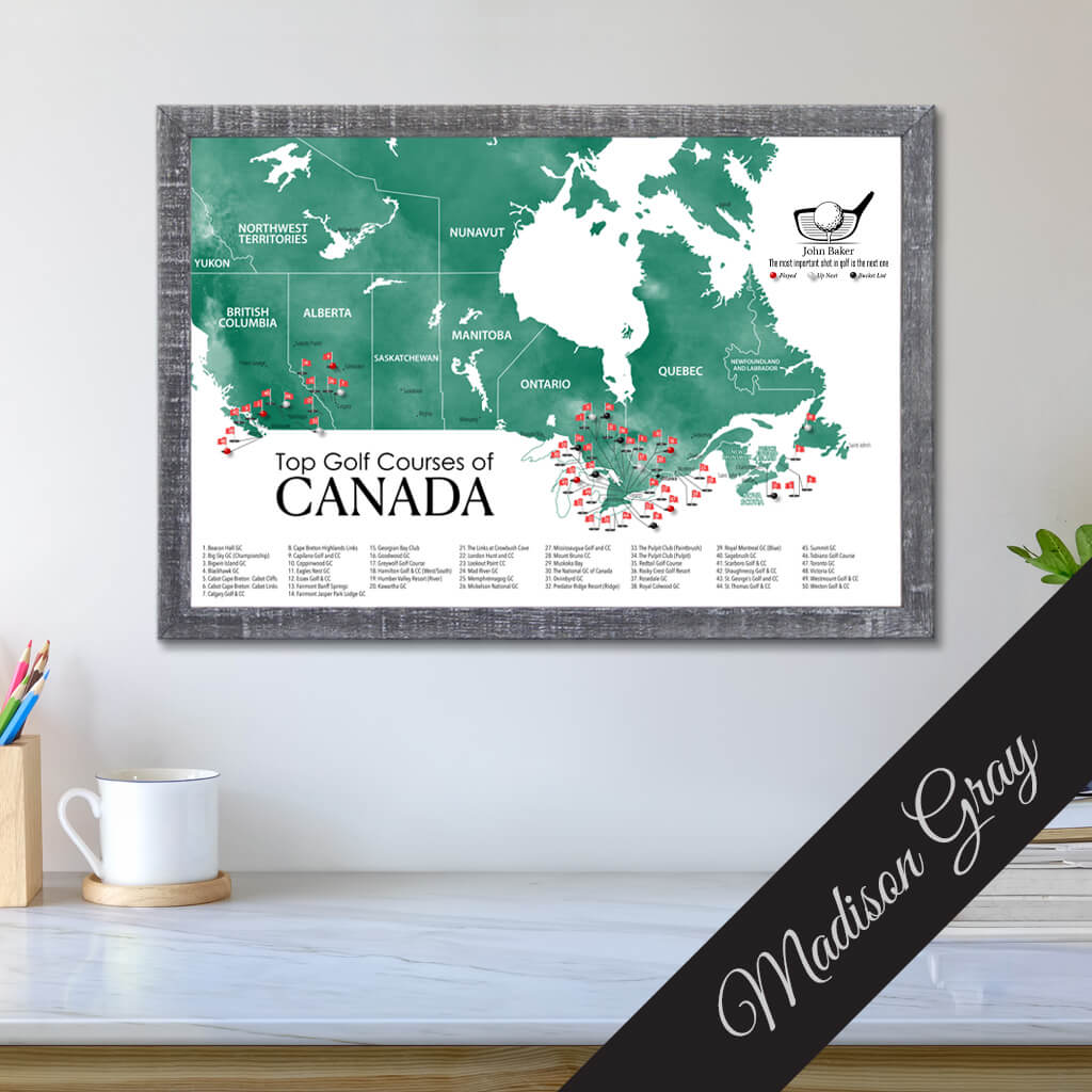 Top Golf Courses of Canada Canvas Push Pin Map in Premium Madison Gray Frame