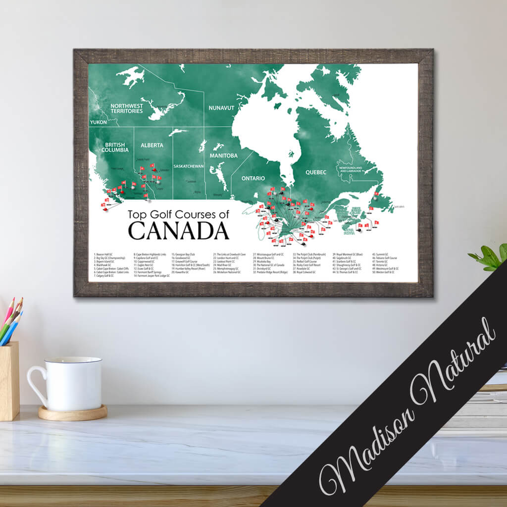 Top Golf Courses of Canada Canvas Push Pin Map in Premium Madison Natural Brown Frame