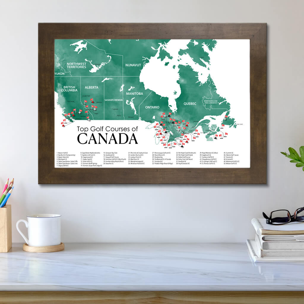 Top Golf Courses Map of Canada Travel Map in Rustic Brown Frame