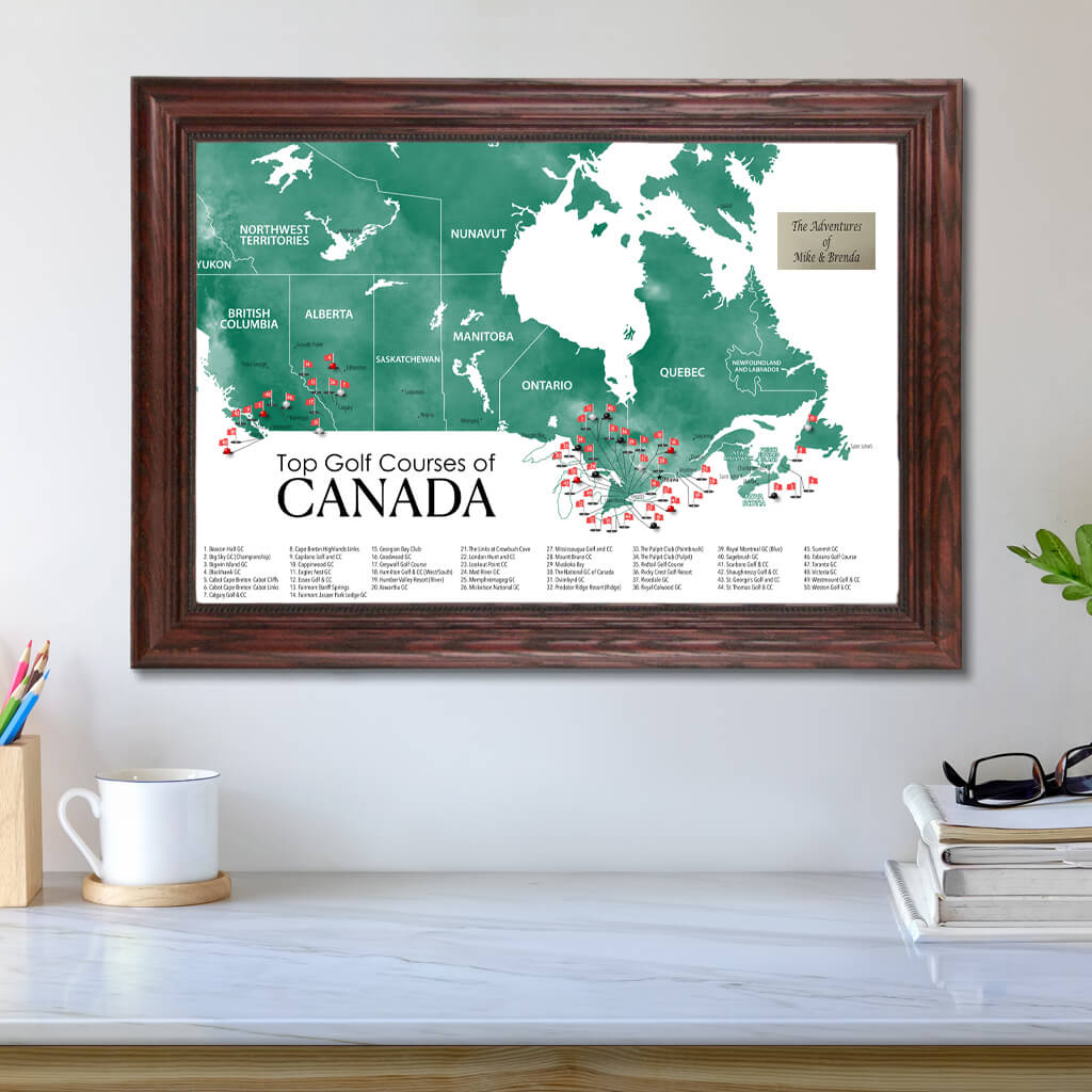 Top Golf Courses Map of Canada Travel Map in Solid Wood Cherry Frame