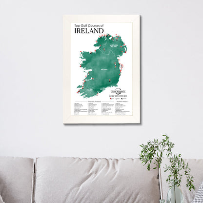 Top Golf Courses of Ireland and Northern Ireland Canvas Push Pin Map in Textured White Frame