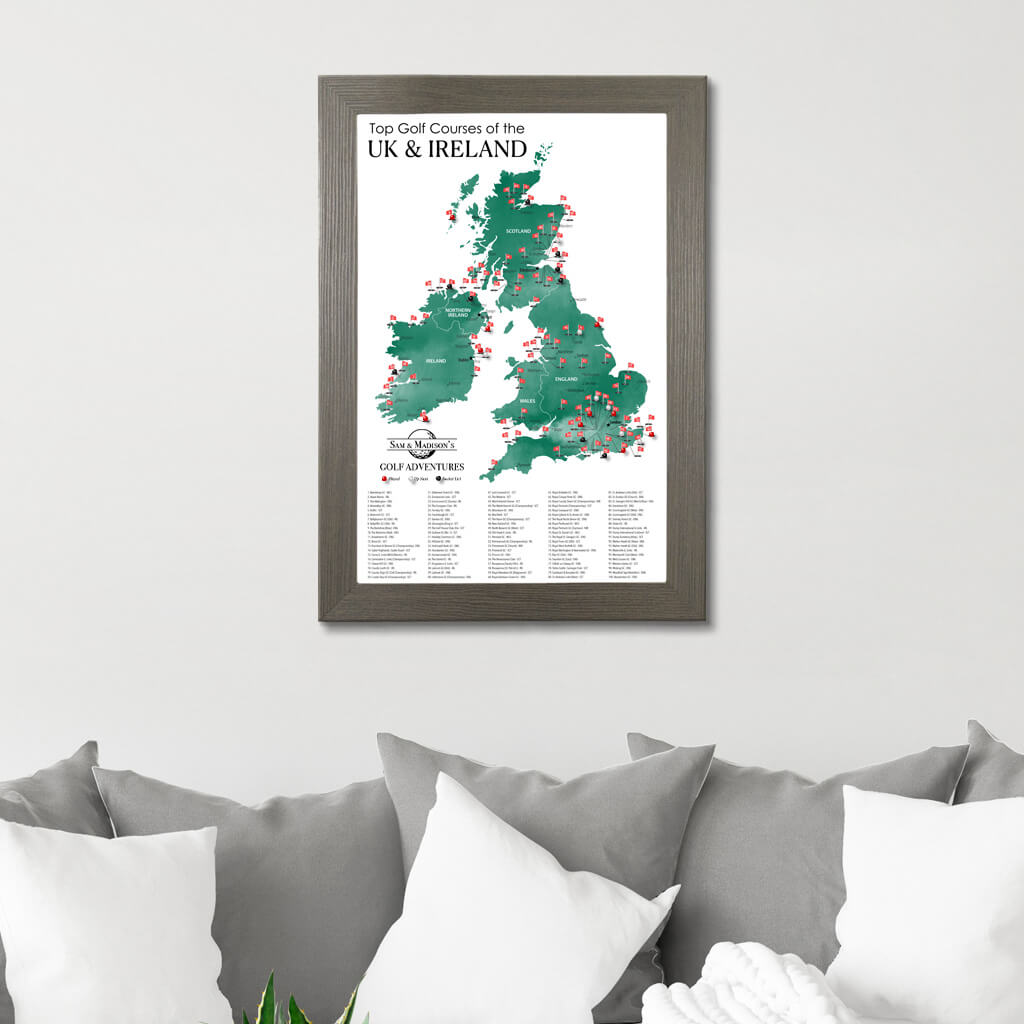 Canvas Map of Top Golf Courses of the UK & Ireland in Barnwood Gray Frame