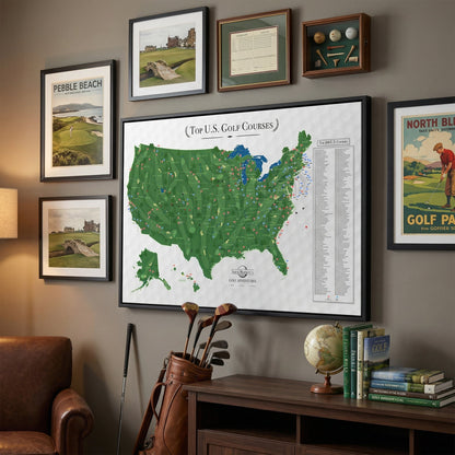 Framed Top US Golf Courses canvas pin map displayed in modern living room with golf clubs nearby
