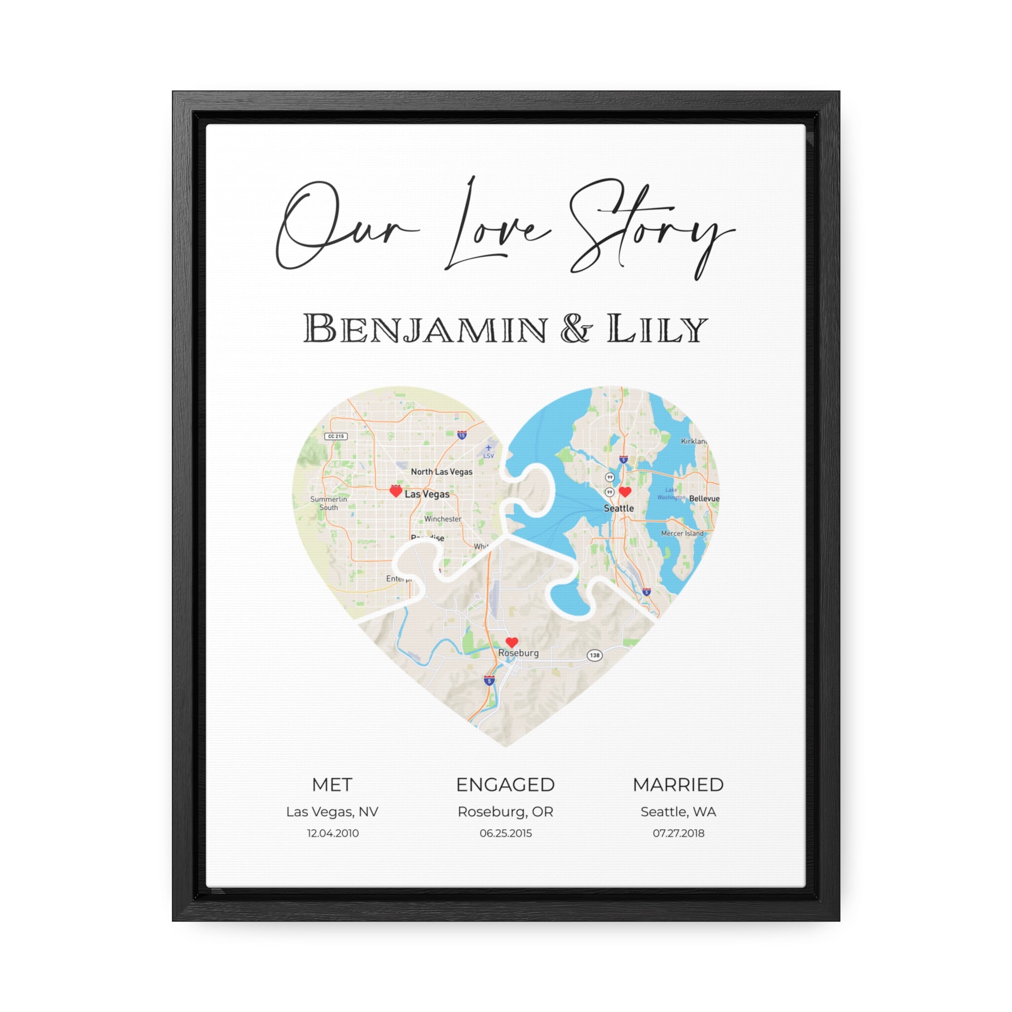 Our Love Story - 3 Puzzle Piece Heart Map Art - Option 5