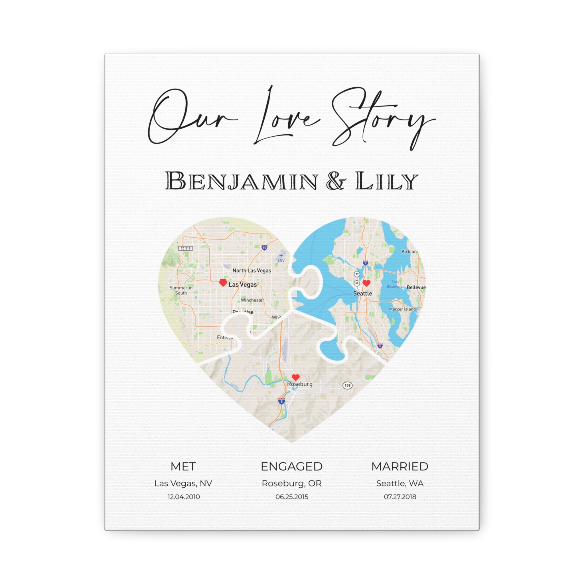 Our Love Story - 3 Puzzle Piece Heart Map Art - Option 5