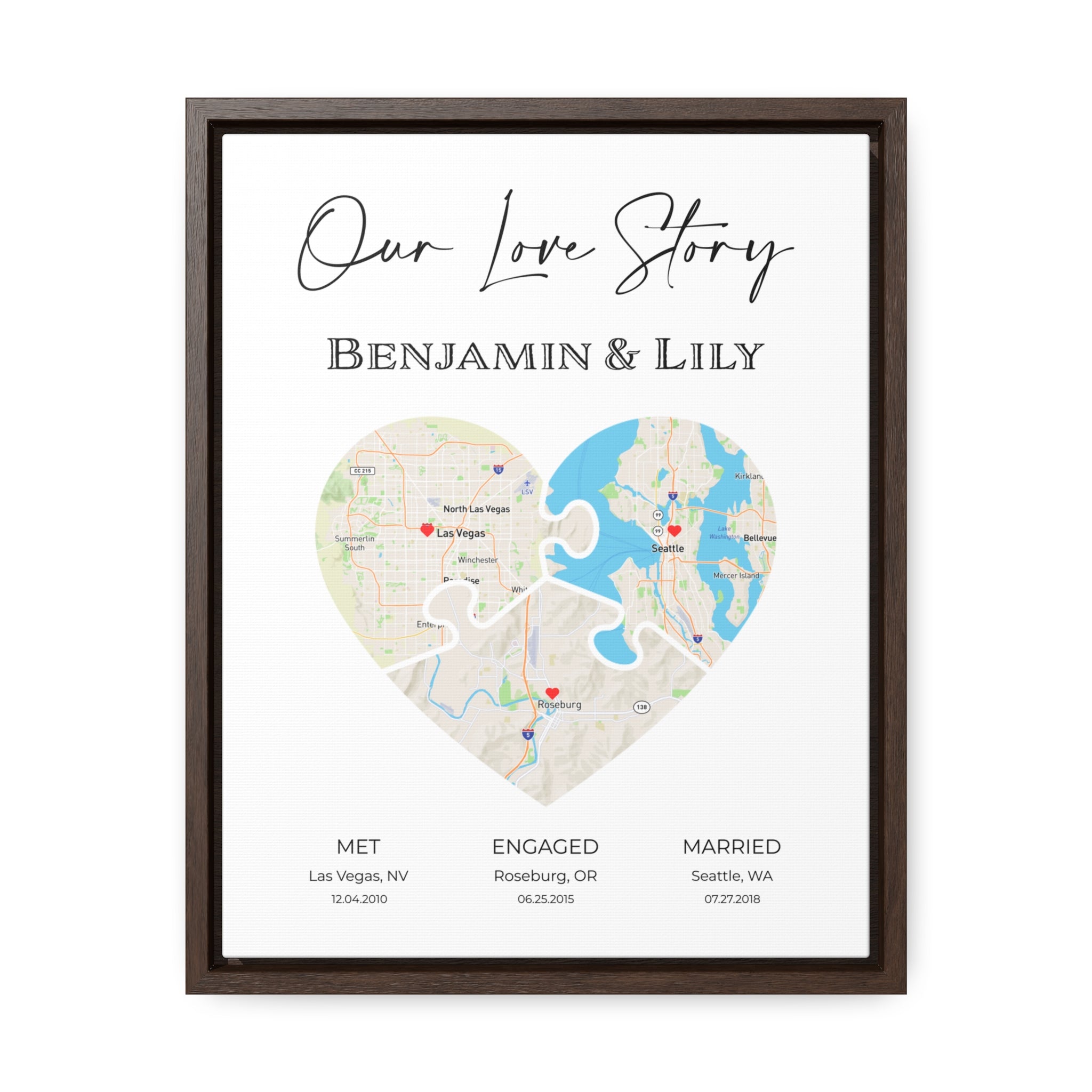 Our Love Story - 3 Puzzle Piece Heart Map Art - Option 5