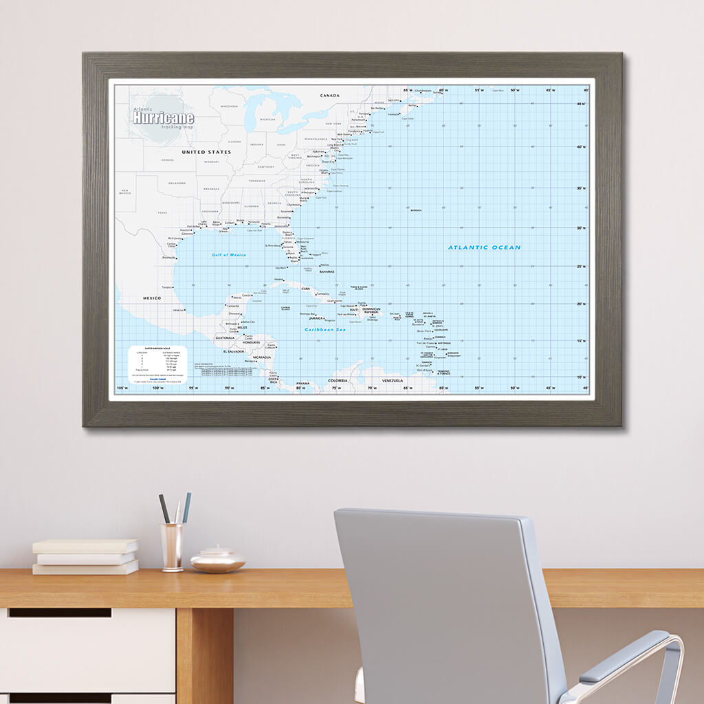 Framed Atlantic Hurricane Wall Map with Pins in Barnwood Gray Frame