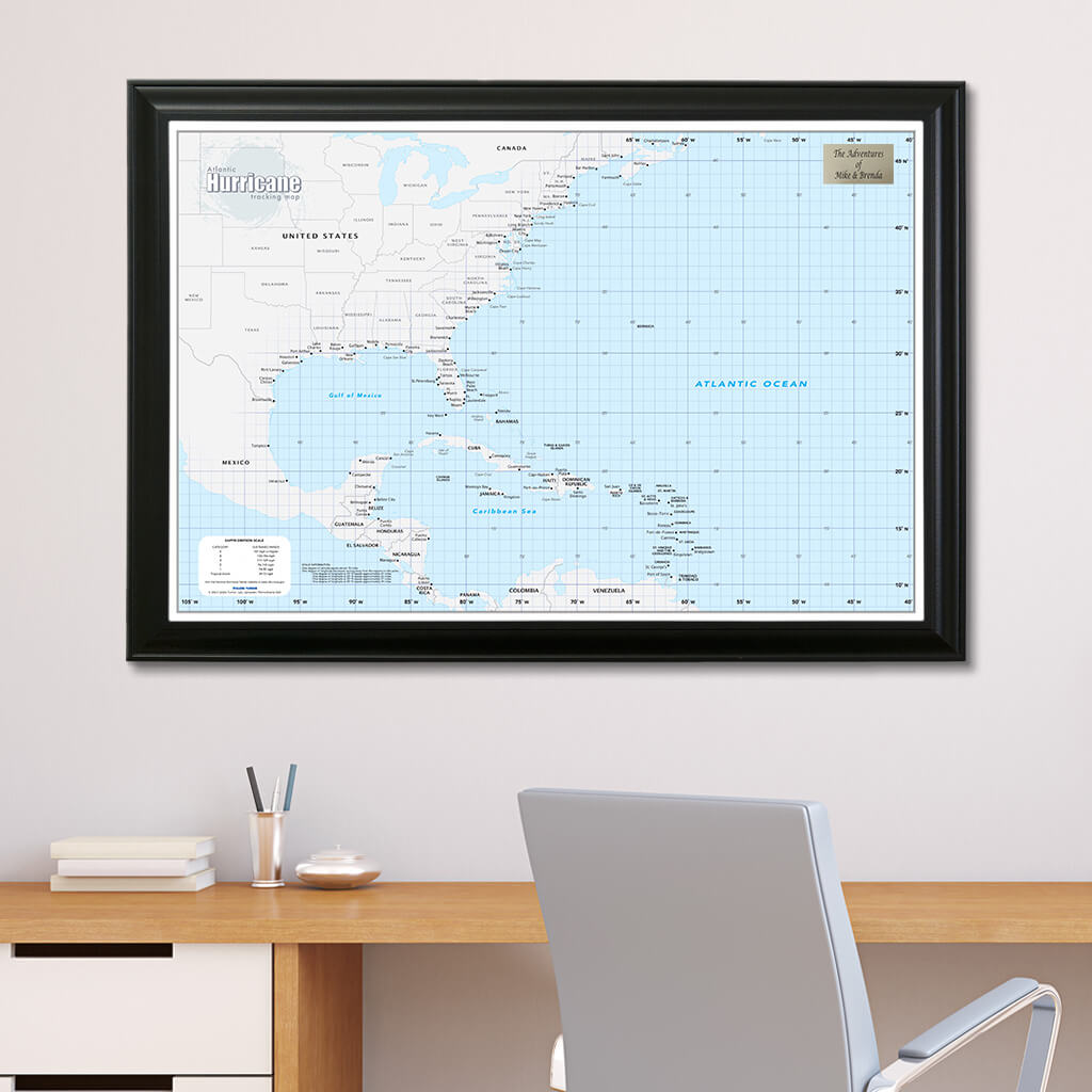 Framed Atlantic Hurricane Wall Map with Pins in Black Frame