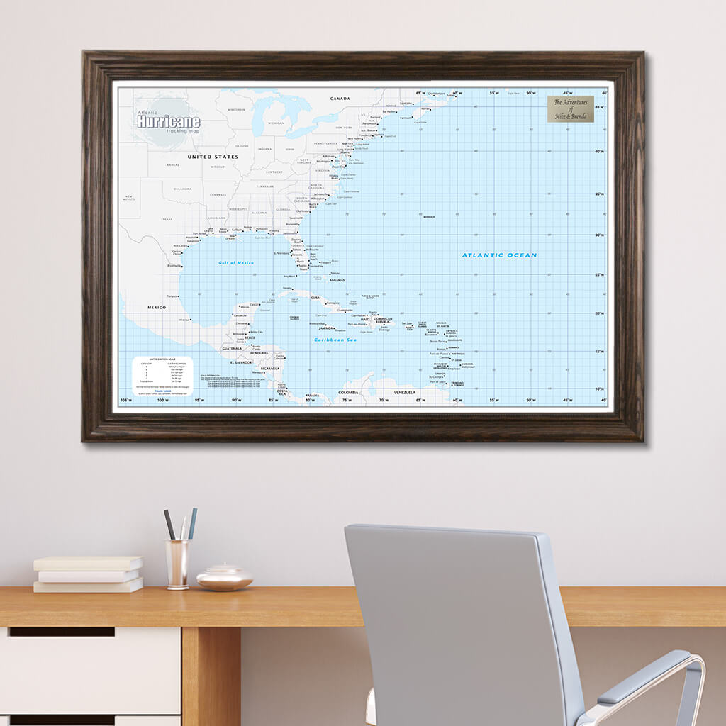 Framed Atlantic Hurricane Wall Map with Pins in Solid Wood Brown Frame