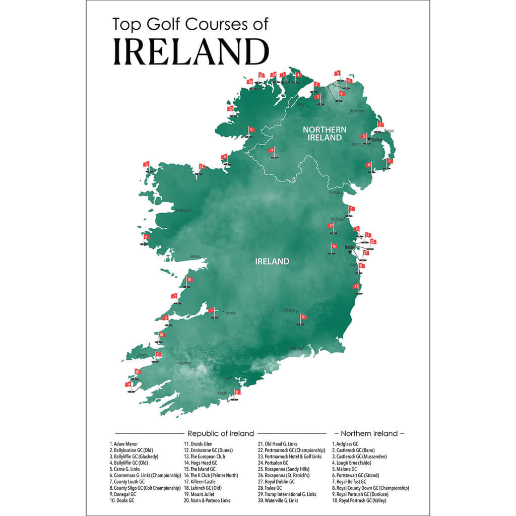 Closeup of Top Golf Courses of Ireland Travel Map with Pins