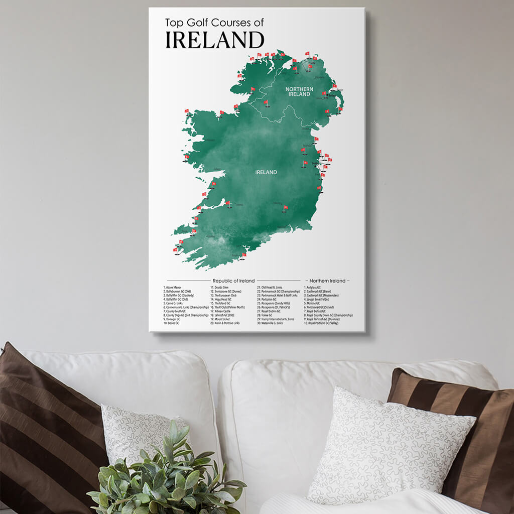 Top Golf Courses of Ireland Gallery Wrapped Canvas Map in 24x36 size