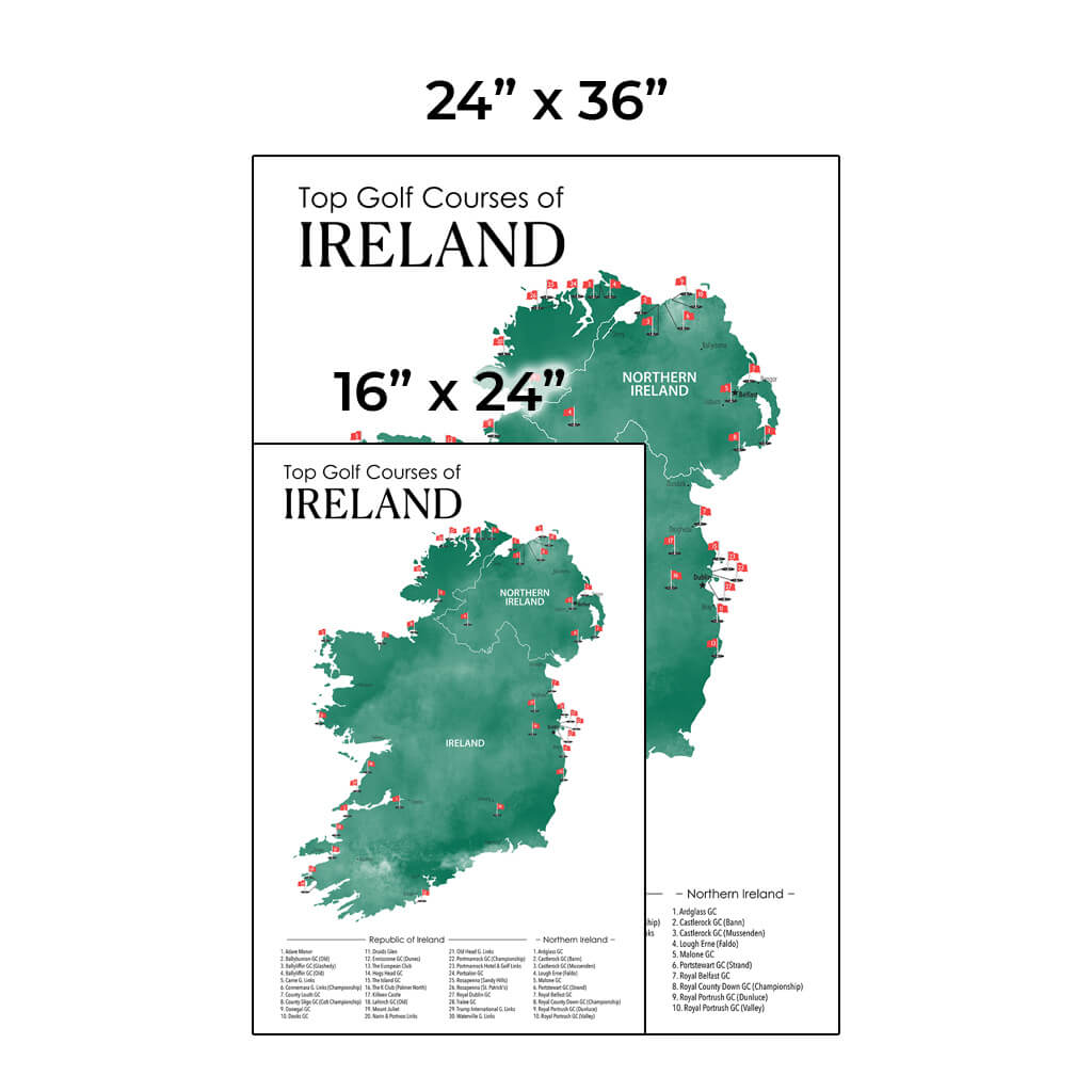 Size Comparison of Ireland&#39;s Top Golf Courses Map - Available in a 16&quot; x 24&quot; or 24&quot; X 36&quot; Size, Vertical Layout