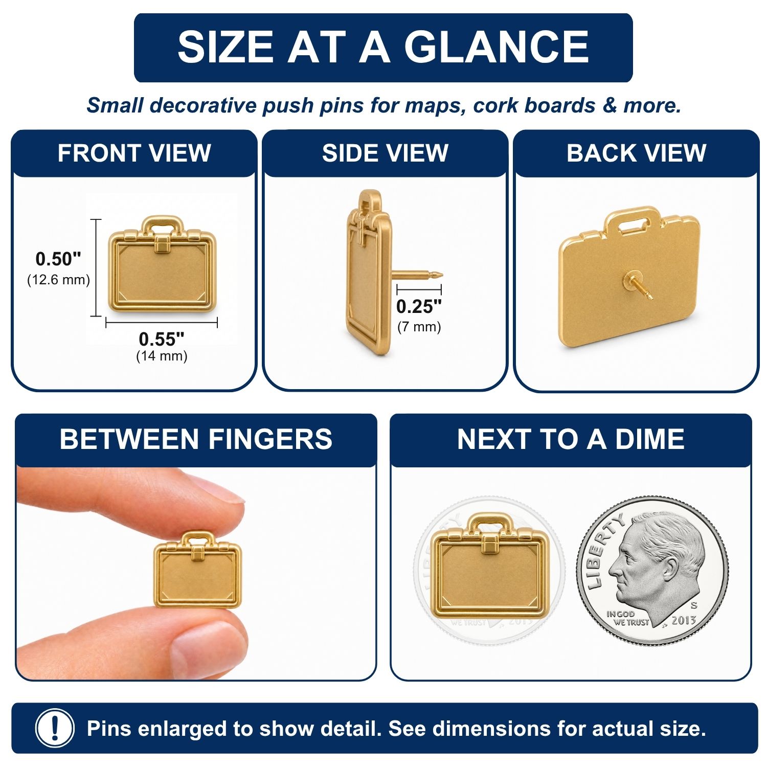Gold briefcase push pin size comparison chart showing front, side, back views and dime scale reference