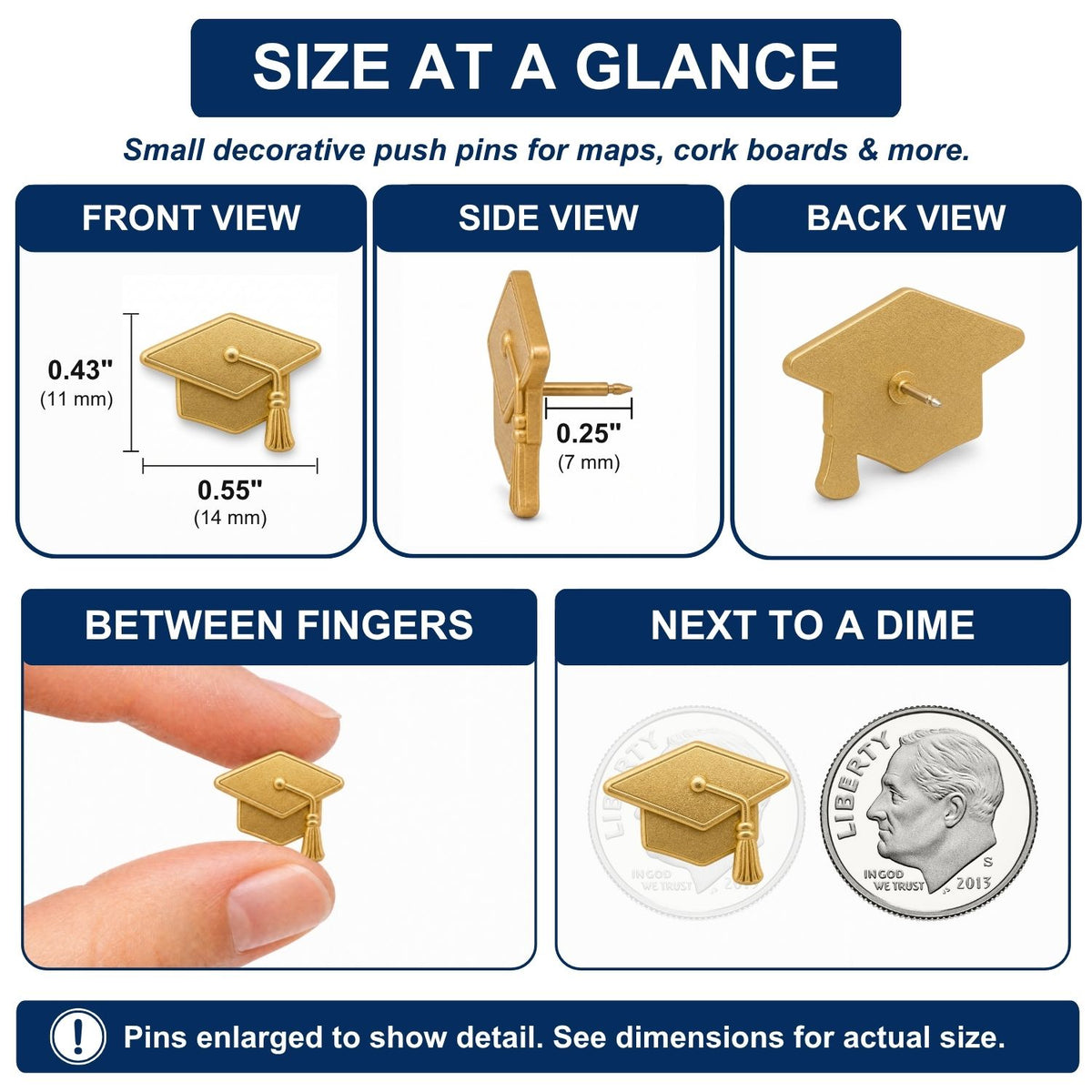 Gold graduation cap push pins size comparison chart showing front, side, back views and dime scale reference