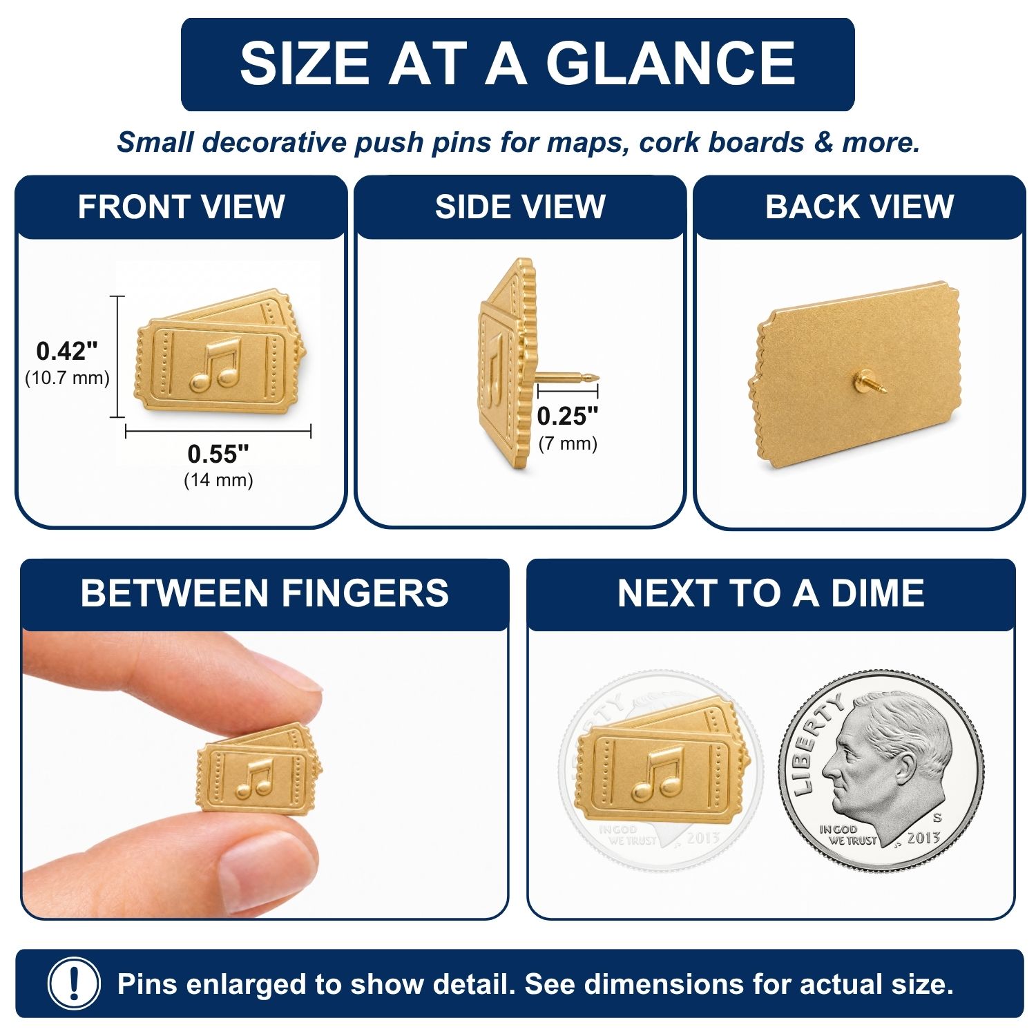 Gold concert ticket push pin size comparison chart showing front, side, back views with dimensions and dime scale reference