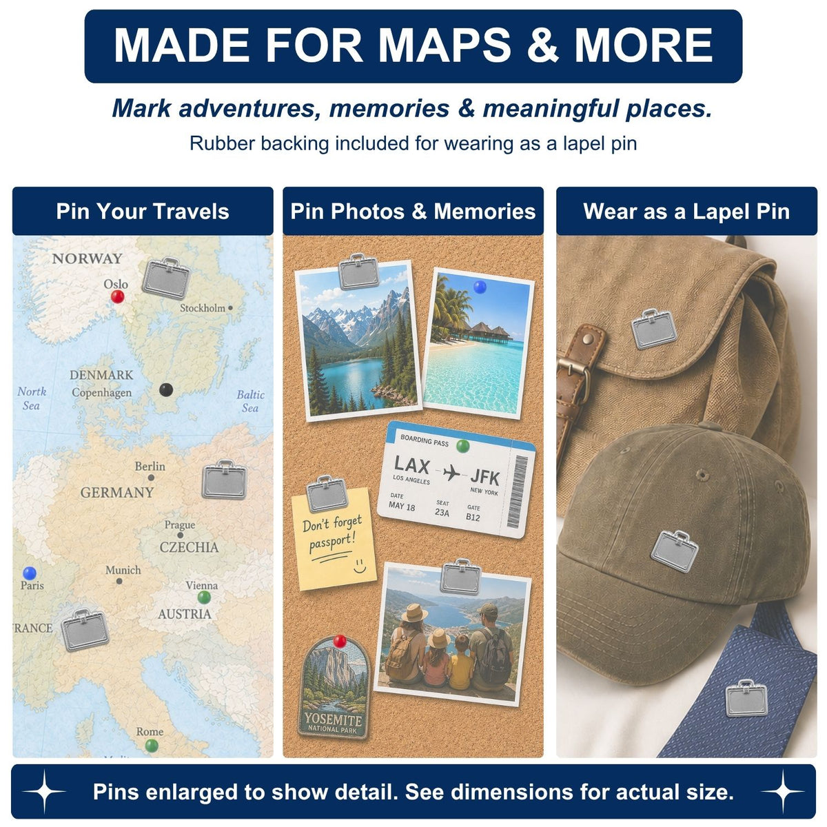 Silver briefcase push pins used on Europe travel map, cork board, and as lapel pin on hat and bag