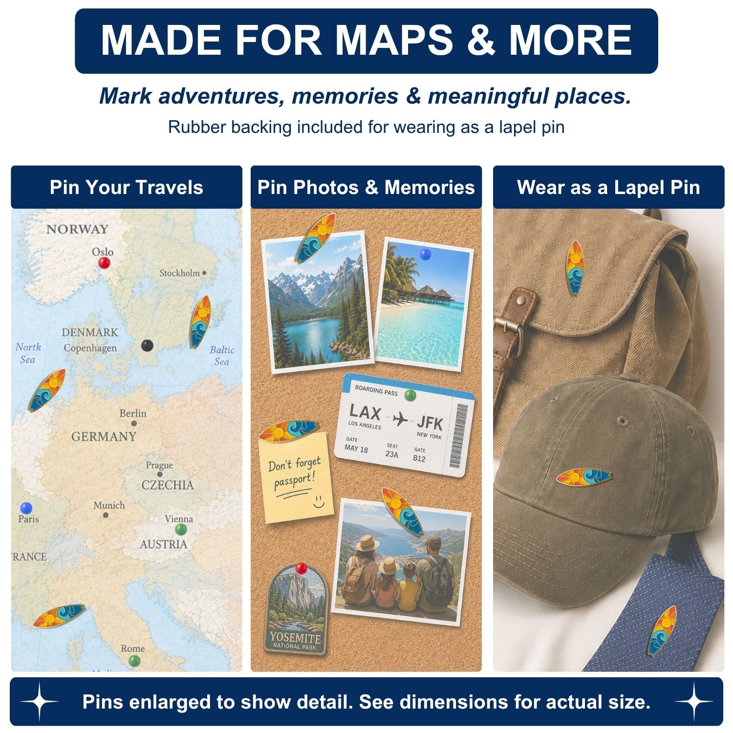 Surfboard Push Pins - Beach Enamel Map & Lapel Pins