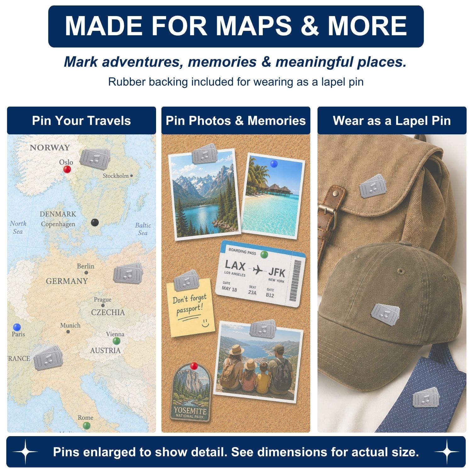 Silver concert ticket push pins used on Europe travel map, cork board photos, and as lapel pins on hat and bag