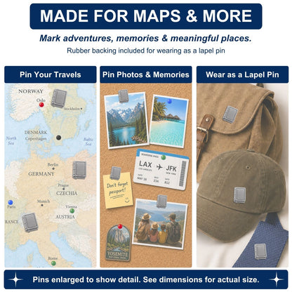 Silver book-shaped map pins marking European travel destinations on cork board and worn as lapel pin