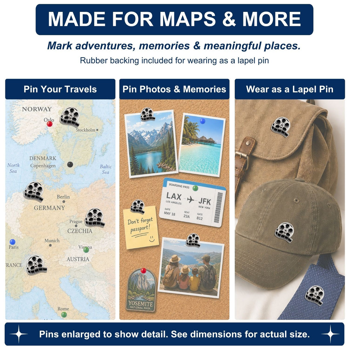 Movie Reel Push Pins - Film Enamel Map & Lapel Pins