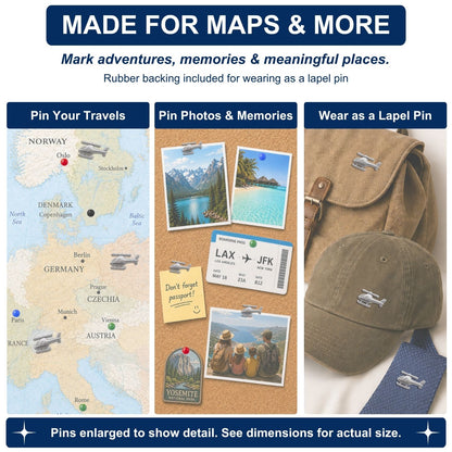 Silver helicopter push pins used on Europe travel map, cork board photos, hat, bag, and tie lapel