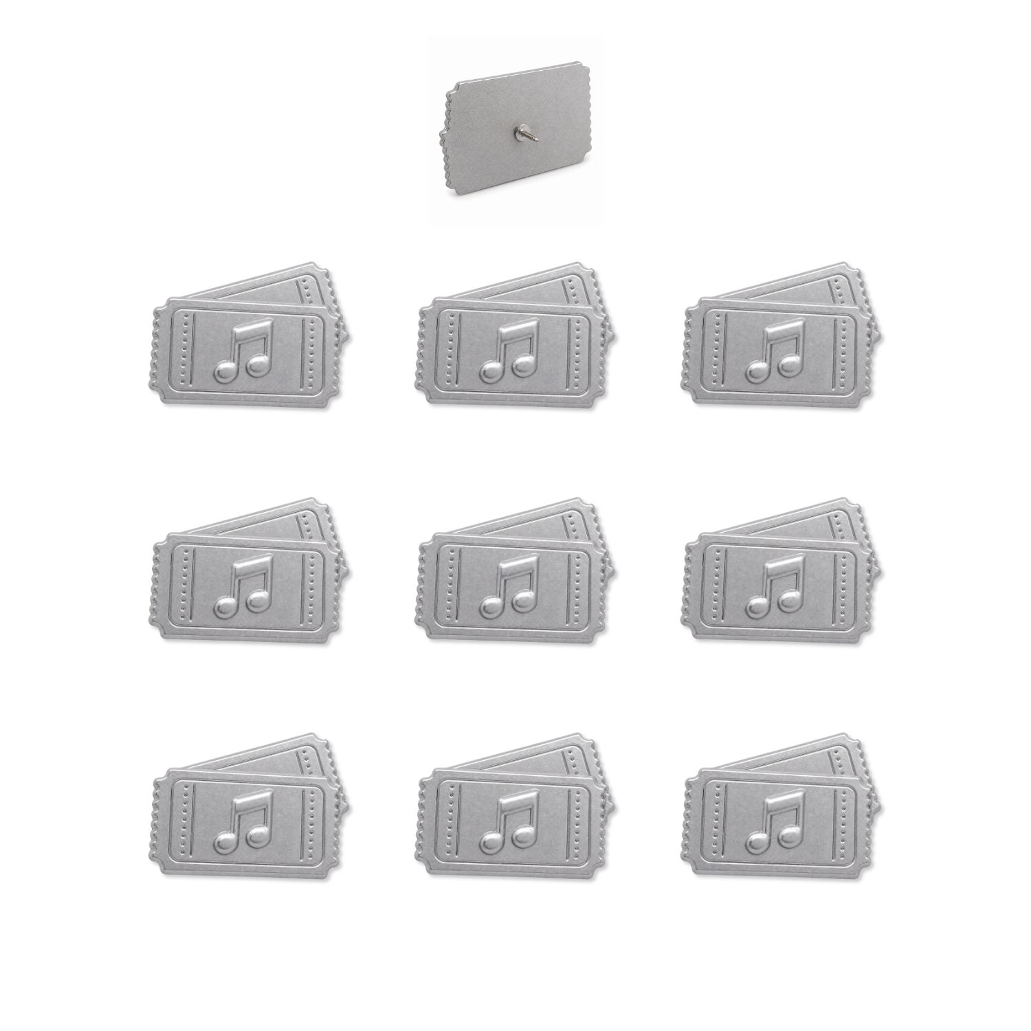Set of nine silver metal concert ticket push pins with music note embossed detail shown flat lay